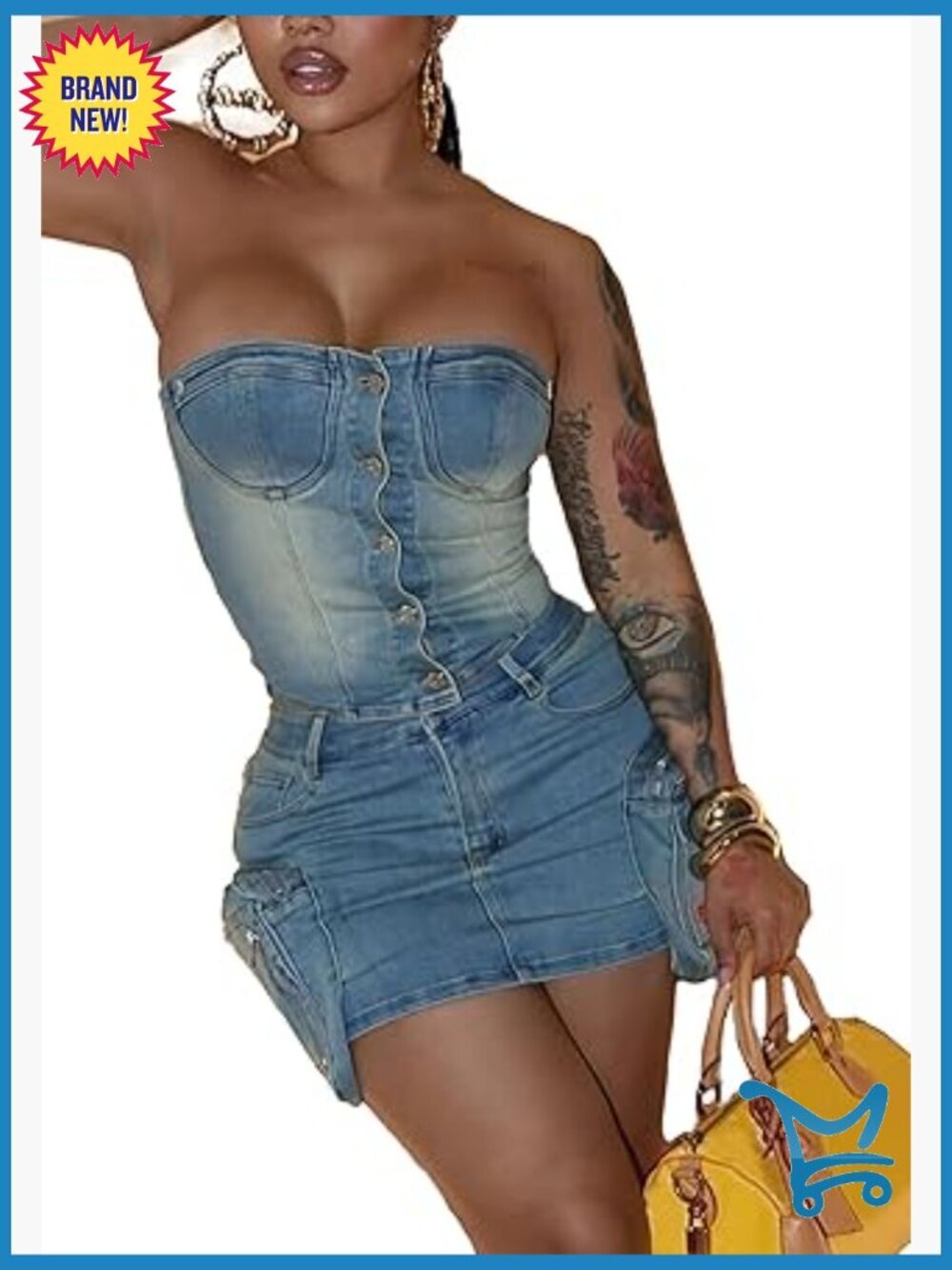 Tube Top Denim Cargo Mini Skirt Set 2 Piece Bodycon Outfits Regular